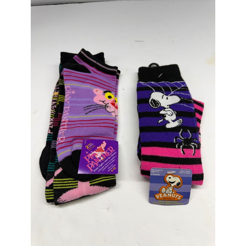 Pink Panther & Peanuts Snoopy Sock Bundle 3 Pairs Knee High & No Show Size 4-10